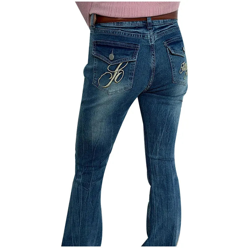 Vintage Women's Denim Low Rise Slightly Flared Jeans Pant Retro Pattern Printed Trendy Skin Fit Casual Daily Streetwear Trousers