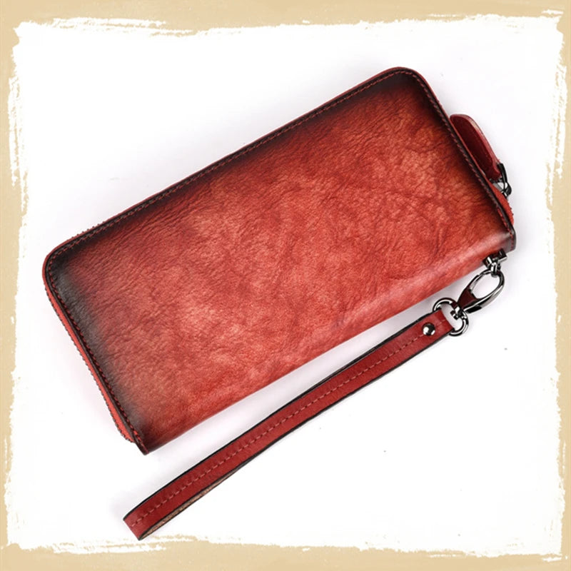 Motaora Women's Wallet Retro Genuine Leather Wallet For Female New Wristband Zipper Cell Phone Bag Golden Fish Engraved Clutches