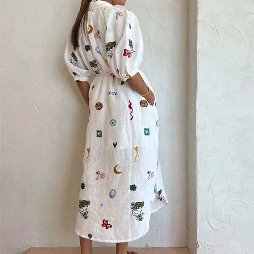 Rafiah Women's Summer Arabian Dress Comfortable Full Print Single Breasted Lace-Up Puff Sleeve Shirt Collar Midi Casual Arabian