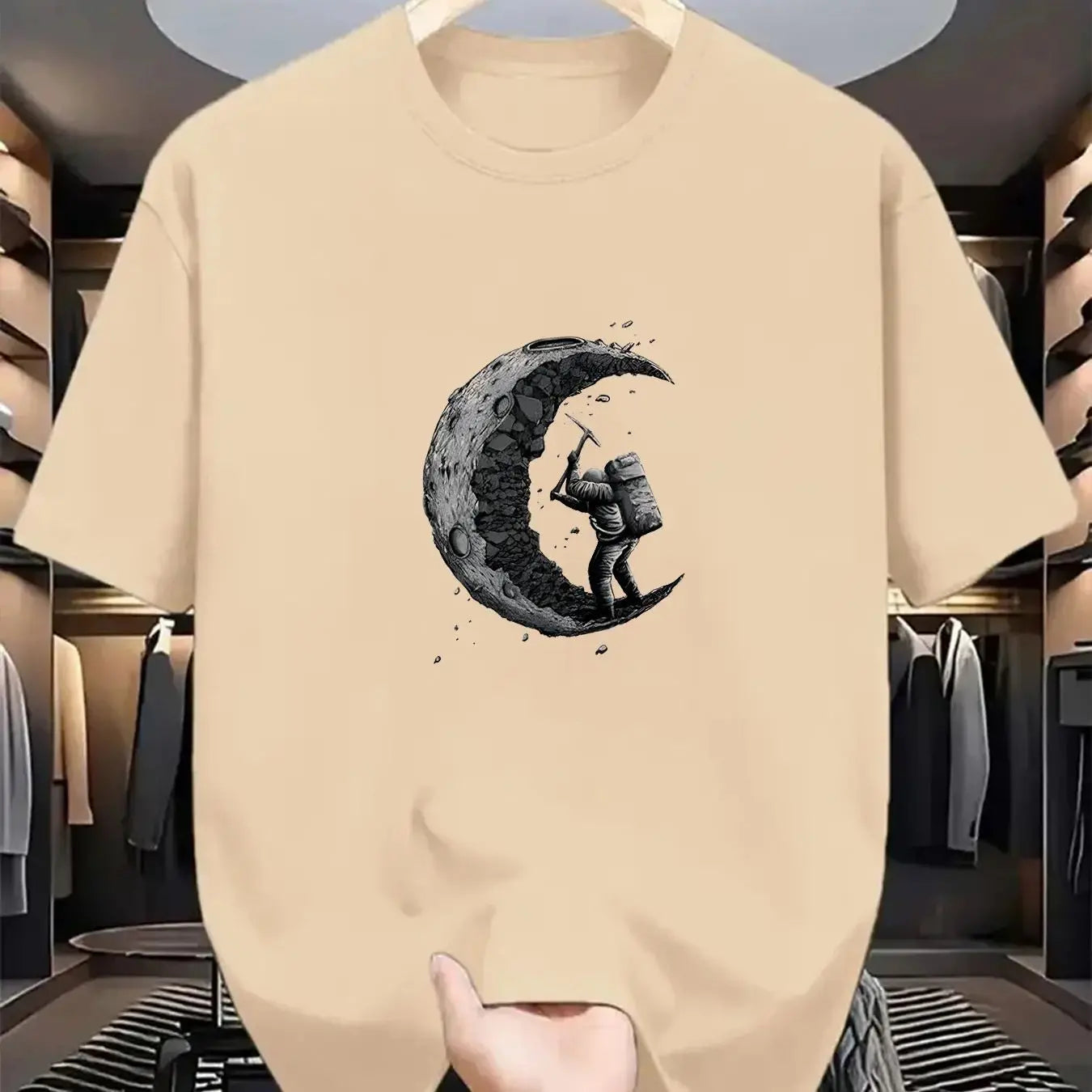 Men's summer 100% cotton π moon shaped planet astronaut π§βπ digging printed casual loose solid color multi-color optional sports round neck short sleeved T-shirt top