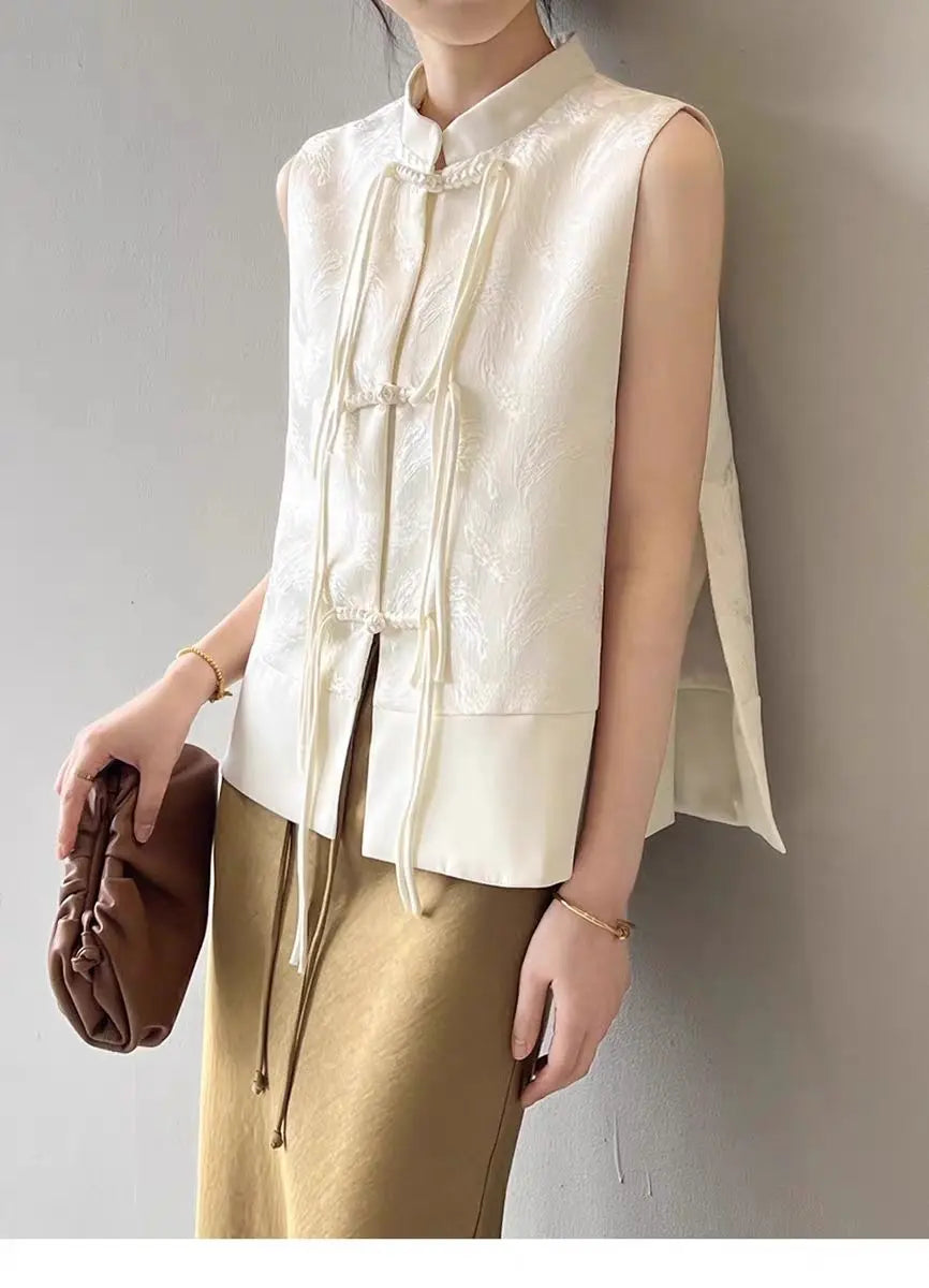 Chinese New Plate Button Vest Jacket 2025 Spring New Jacquard Stand Collar Sleeveless Waistcoat Retro Women Cheongsam Tops