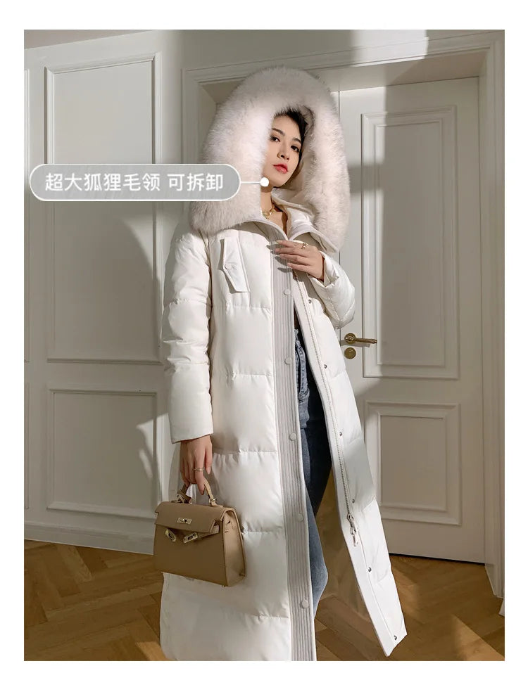 Women’s Luxury White Goose Down Coat – Hooded Long Jacket with Fox Fur Collar & Belt