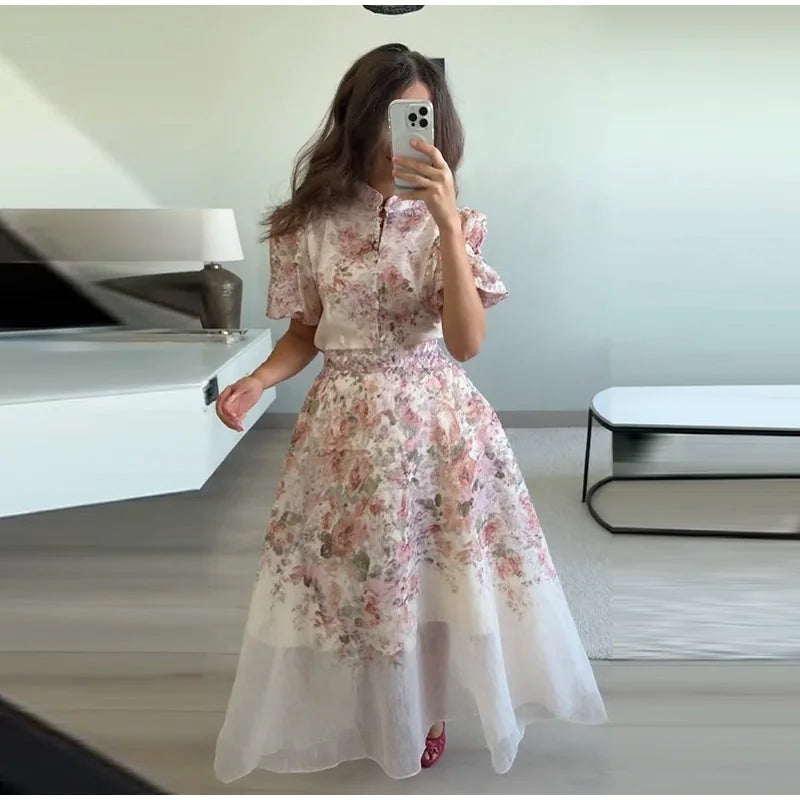 Floral Printed Two-Piece Skirt Set – Loose Full Sleeve Shirt & Pleated Maxi Skirt