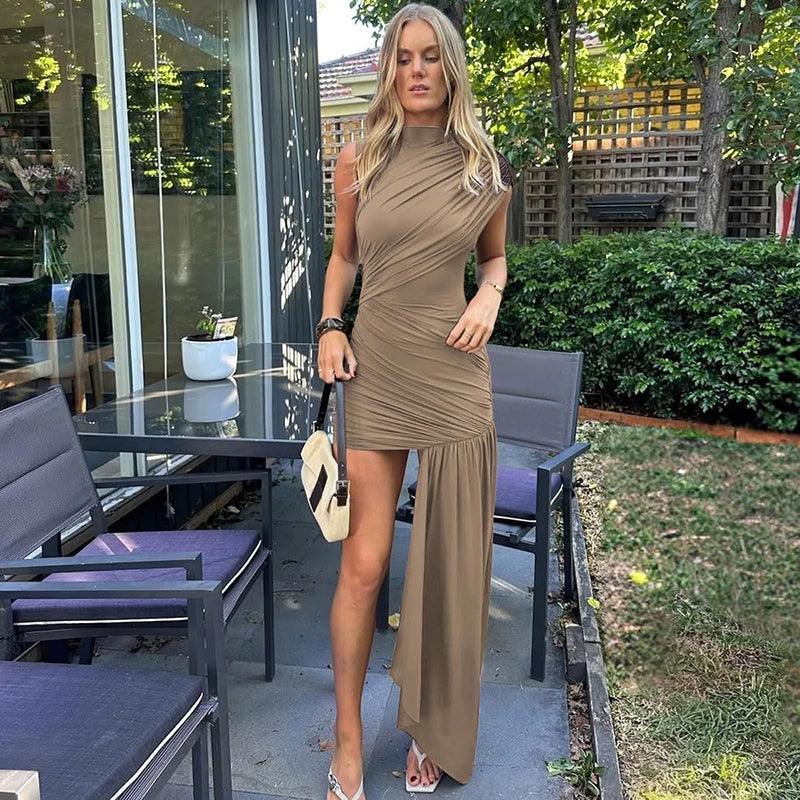 Women's Sleeveless Irregular Draped Ruched Bodycon Party Dress – Elegant Slim Fit, Floor-Length