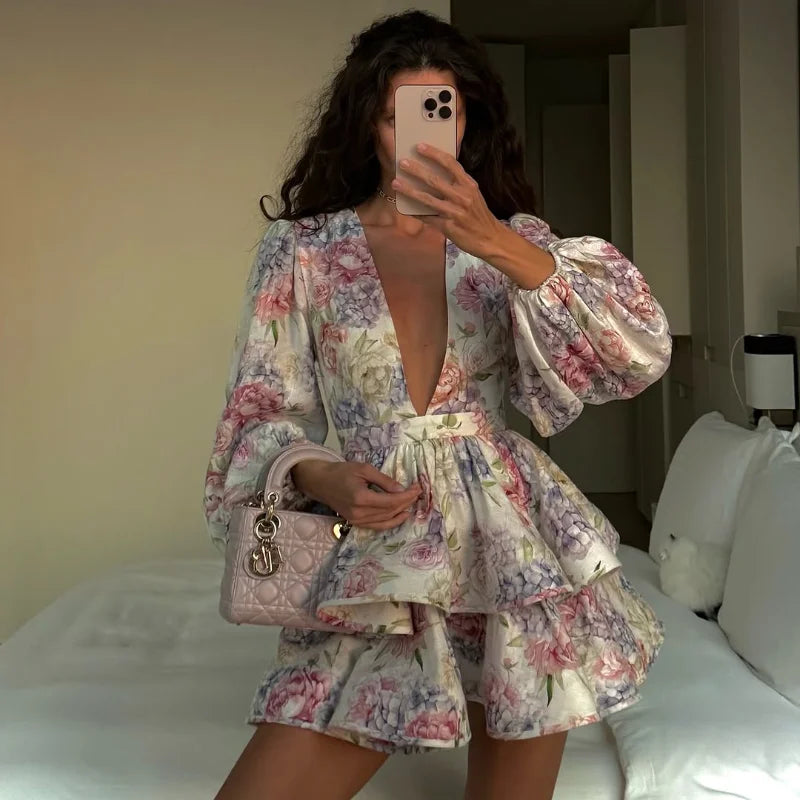 Floral Ruffled Hem Mini Dress – Women’s Deep V-Neck Lantern Sleeve Elegant Party Outfit