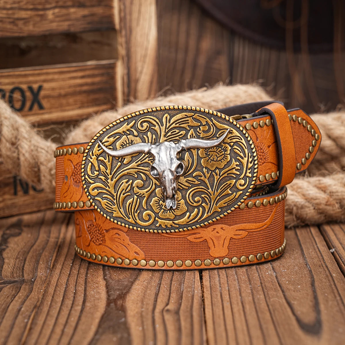 Western Cowboy PU Leather Belt - Men Waist Strap Bull Decoration Floral Engraved for Jeans