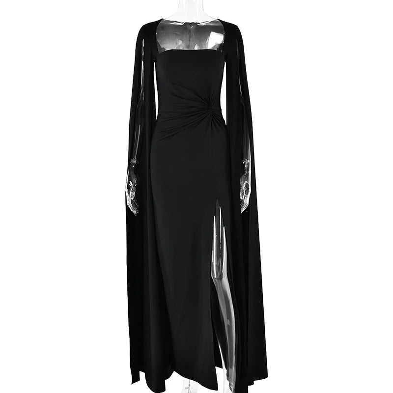 Mozision Long Cape Sleeve Split Maxi Dress For Women Gown Fashion Solid Square Collar Evening Sexy Long Dress Elegant New