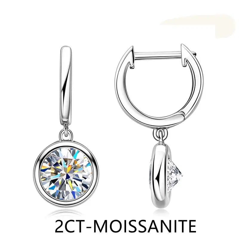 Lnngy 925 Sterling Silver Dangle Earring 1CT 2CT Round Bezel Setting Moissanite Drop Earrings For Women Girl Birthday Party Gift