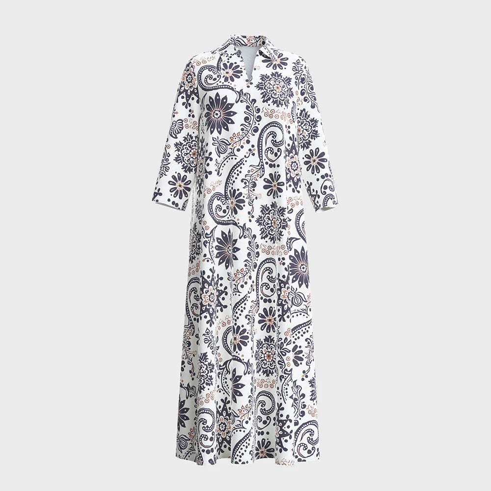 Rafiah Women's Dresses Summer Elegant 2025 Floral Muslim Long Sleeve Shirt Collar A-Line Midi Vacation Long Dresses