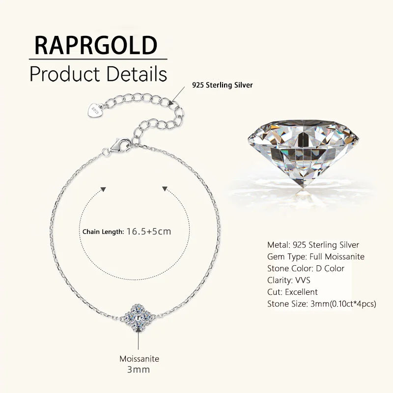 RAPRGOLD GRA Moissanite Four Clover Flower Charm Pendant Necklace Bracelet Set for Women S925 Sterling Silver Fine Jewelry Gifts