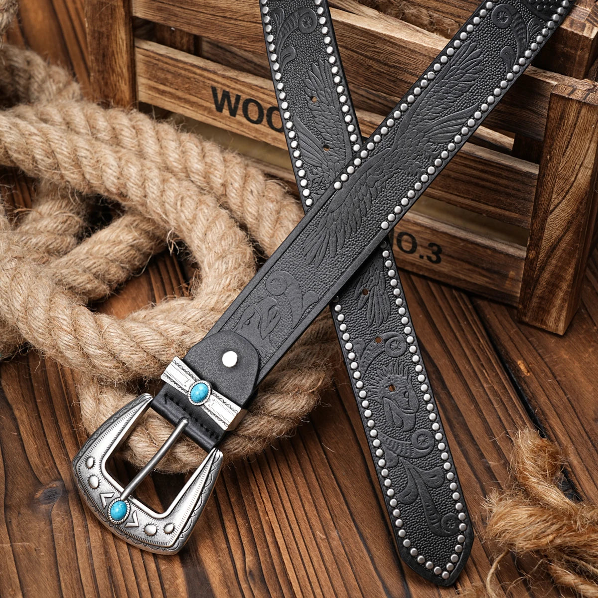 Men Women-Western-Cowboy-PU Leather-Belts - Vintage Belt Floral Engraved Buckle Belt for Jeans