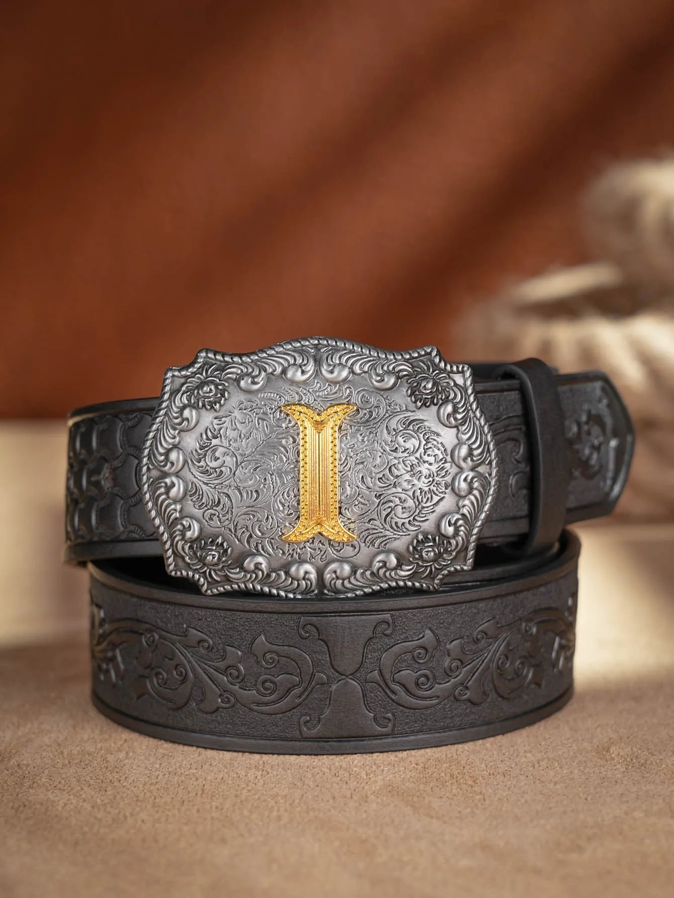Western Cowboy PU Leather Belt - Men Waist Strap Bull Decoration Floral Engraved for Jeans