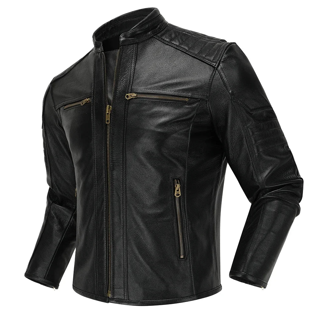 Men's Natural Leather Jacket First Layer Calfskin Stand Collar Motorcycle Jacket Retro Brown Cowhide Jacket Men‘s Biker Clothes