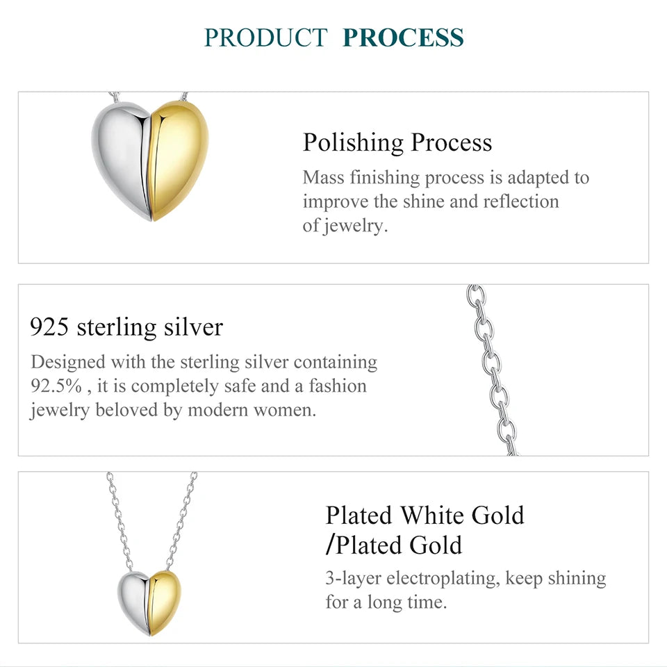 BAMOER Gold Plated Heart Pendant Necklace for Women, 925 Sterling Silver Couple Heart Fashion Waterproof Metal Daily Jewelry