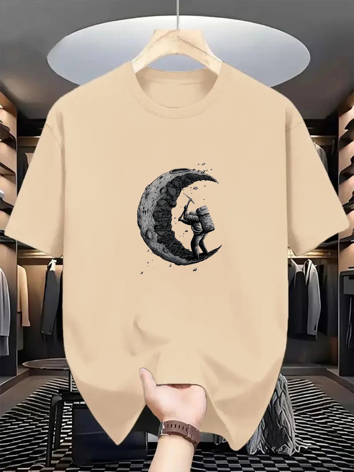 Men's summer 100% cotton π moon shaped planet astronaut π§βπ digging printed casual loose solid color multi-color optional sports round neck short sleeved T-shirt top