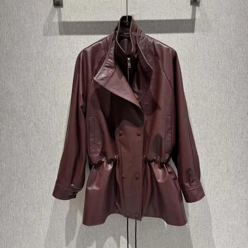 Real Sheepskin Coat Spring And Autumn Women Regular Length Pleating Design High Quality Outerwear Female Genuine Leather Jacket