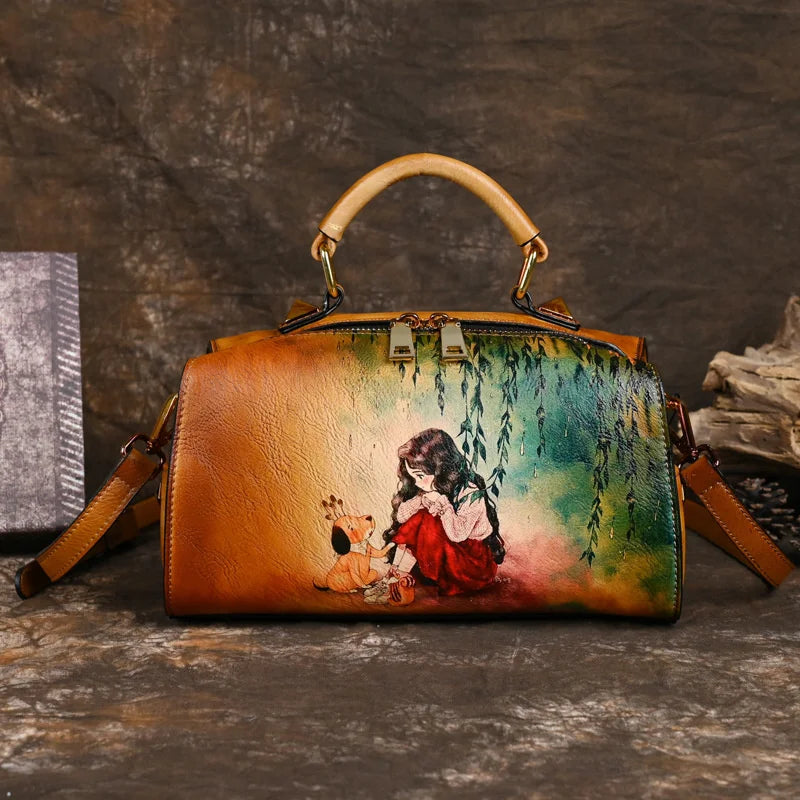 MOTAORA Vintage Women Luxury Leather Handbag For Female Bag Luxury Designer Hand Drawn Cartoon Pattern Ladies Shoulder Bags 2025