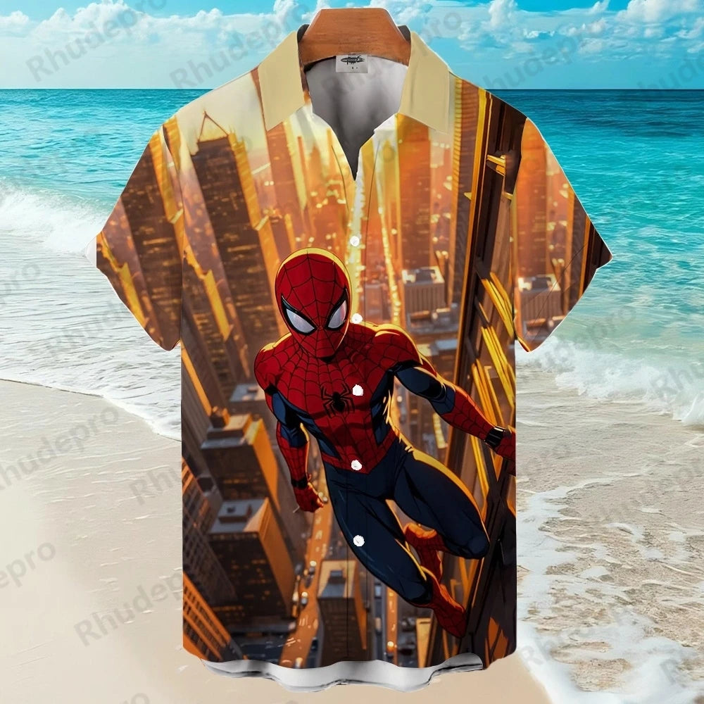 Disney Spider-Man Superhero Cartoon Hawaiian Shirt Print Men's Lapel Short Sleeve Single Shirt Casual Trendy Versatile