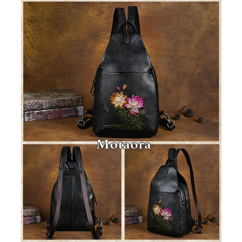 MOTAORA Genuine Leather Backpack Women Retro Embossed Cowhide Shoulder Bag Travel Backpack Casual Work & Luxury Purse