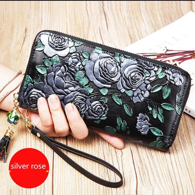MOTAORA Retro Genuine Leather Women Wallet Large Capacity Ladies Card Holder Purse Floral Leather Wallets Long Female Coin Purse