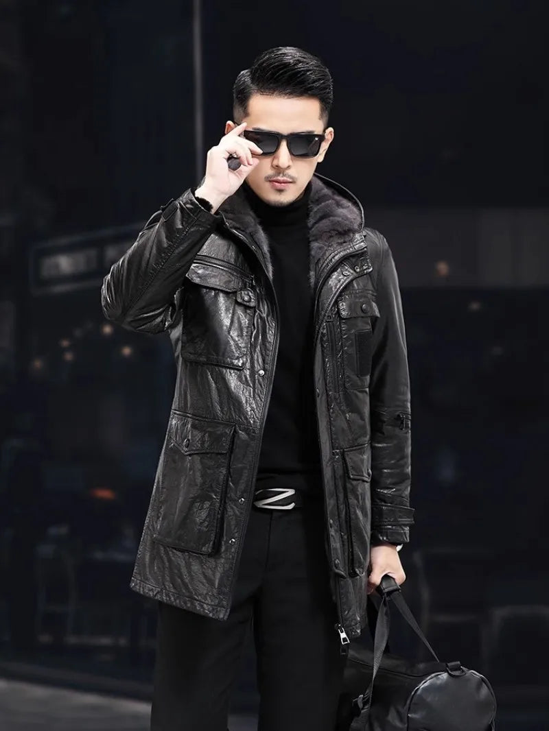Men’s Oil Wax Cowhide Leather Jacket – Slim Fit Winter Cargo Coat with Mink Fur Lining & Hood