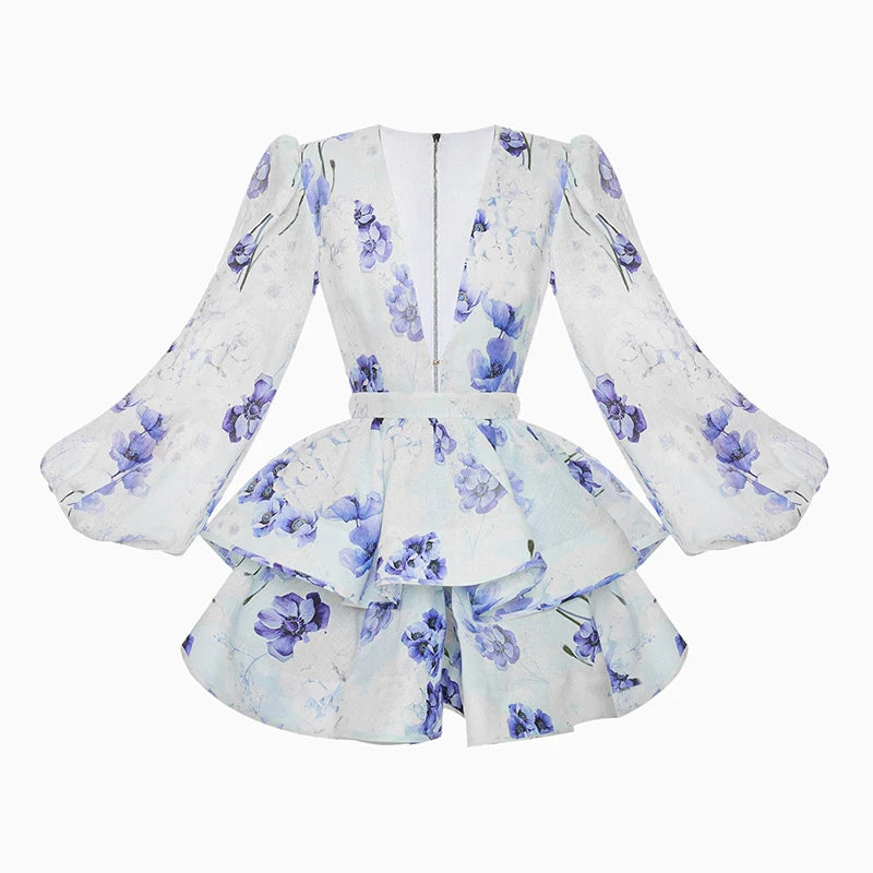 Floral Ruffled Hem Mini Dress – Women’s Deep V-Neck Lantern Sleeve Elegant Party Outfit