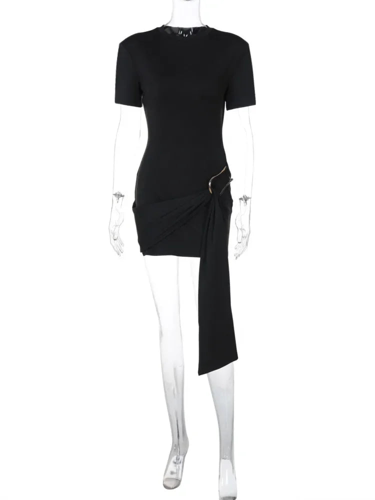Women's Luxury Black Draped Mini Dress – Metal Buckle, O-Neck, Bodycon Fit