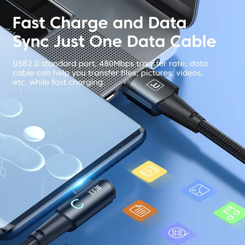كابل Toocki 6A USB C بزاوية 90 درجة لشحن سريع 100 واط لهاتف OPPO وHonor وHuawei وOneplus وRealme وسلك بيانات الشاحن