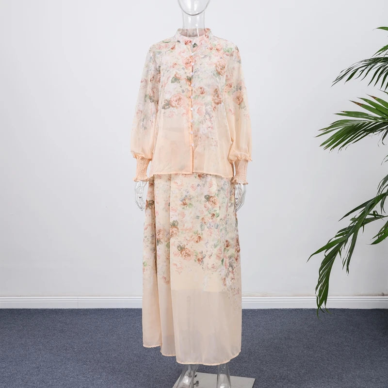 Floral Printed Two-Piece Skirt Set – Loose Full Sleeve Shirt & Pleated Maxi Skirt
