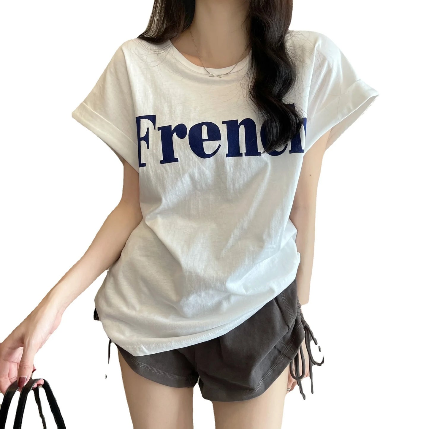 Loose ort Sve T-irt Women's Summer Thin Design Sense Hong Kong Sle Chic Retro Top Trendy round Ne Polyester ...