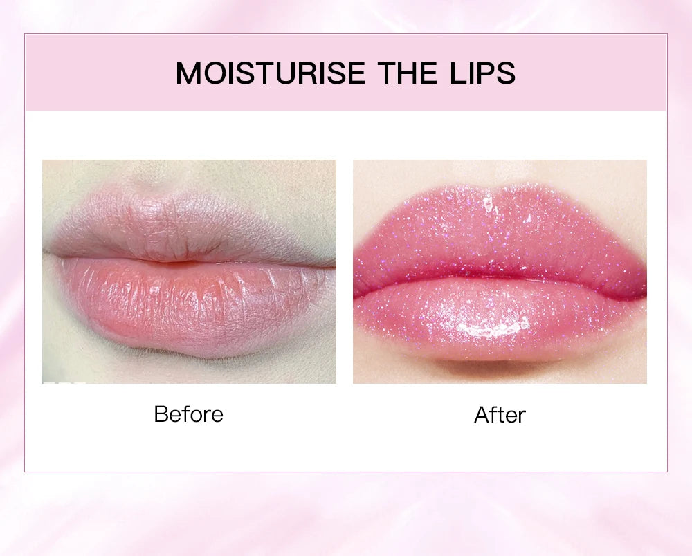 QIBEST Glitter Lipstick Lip Balm Color Change Transparent Moisturizing Crystal Jelly Pearlescent Lip Plumper Gloss Tint Cosmetic