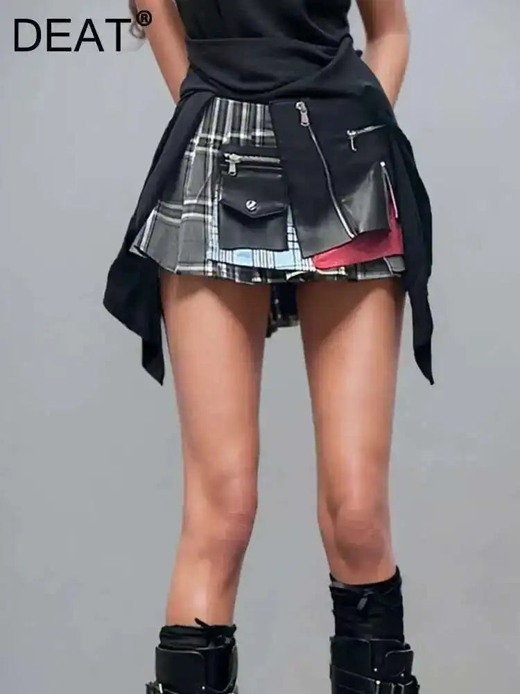 DEAT Fashion Trendy Women's Patchwork Plaid Design Pleated Mini Skirts 2025 Summer New High Waist A-line Skirt Female 29L7565