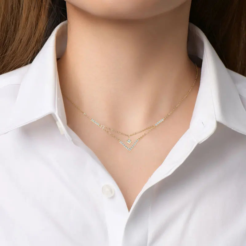 Lnngy Sparkling 3mm&1.8mm Round Moissanite Necklace 925 Sterling Silver Fashion V-Shape Necklaces for Women Fine Jewelry Gift