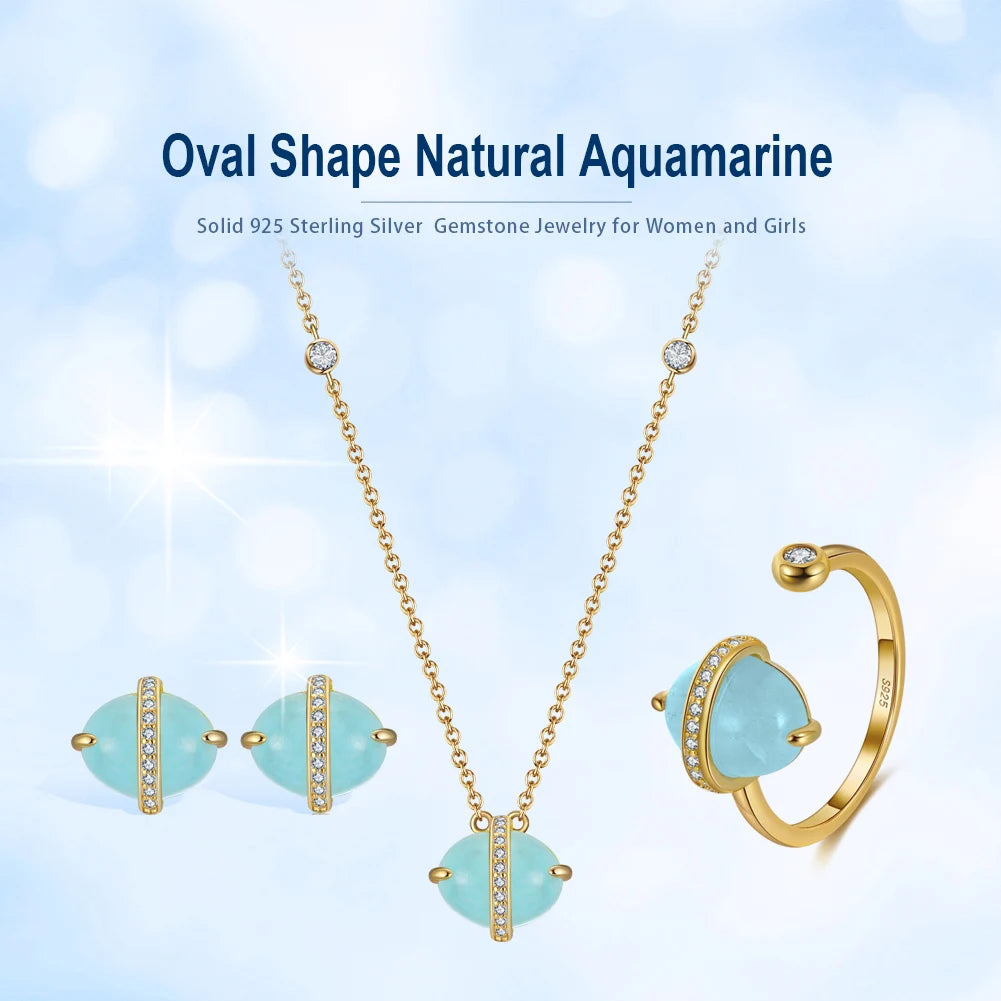 ORSA JEWELS 925 Sterling Silver Natural Aquamarine Earrings Necklace Ring Set 14K Gold Plated for Women Jewelry Sets Gift SSGM04