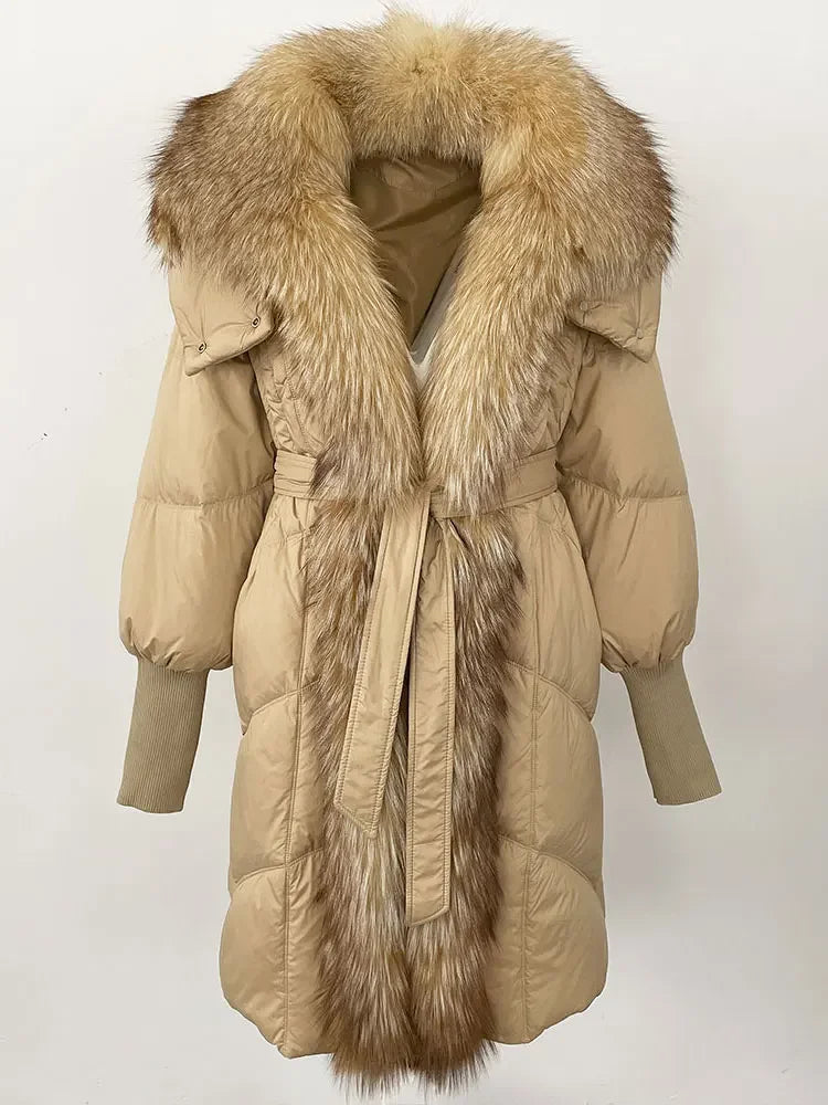 2025 Autumn Winter Women Coat Real Natural Fox Fur Long Down Jacket Thick Warm Casual Hooded White Duck Down Elegant Overwears