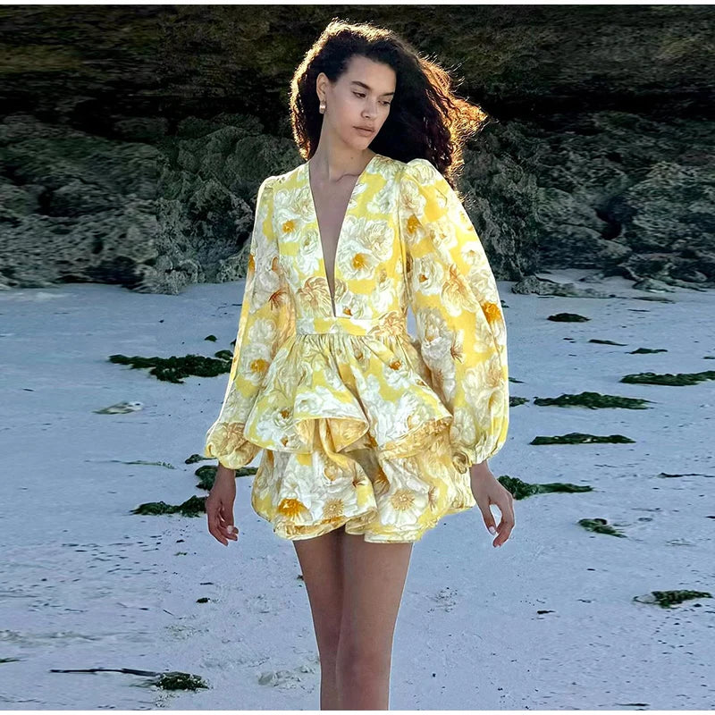 Floral Ruffled Hem Mini Dress – Women’s Deep V-Neck Lantern Sleeve Elegant Party Outfit