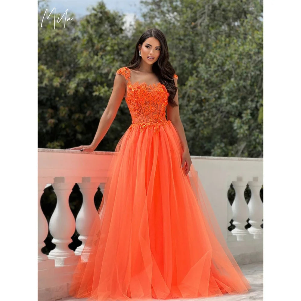 Mila Square Collar A-Line Prom Dresses 2025 Sleeveless Appliques Evening Dresses Elegant Floor-Length Customized Party Dresses