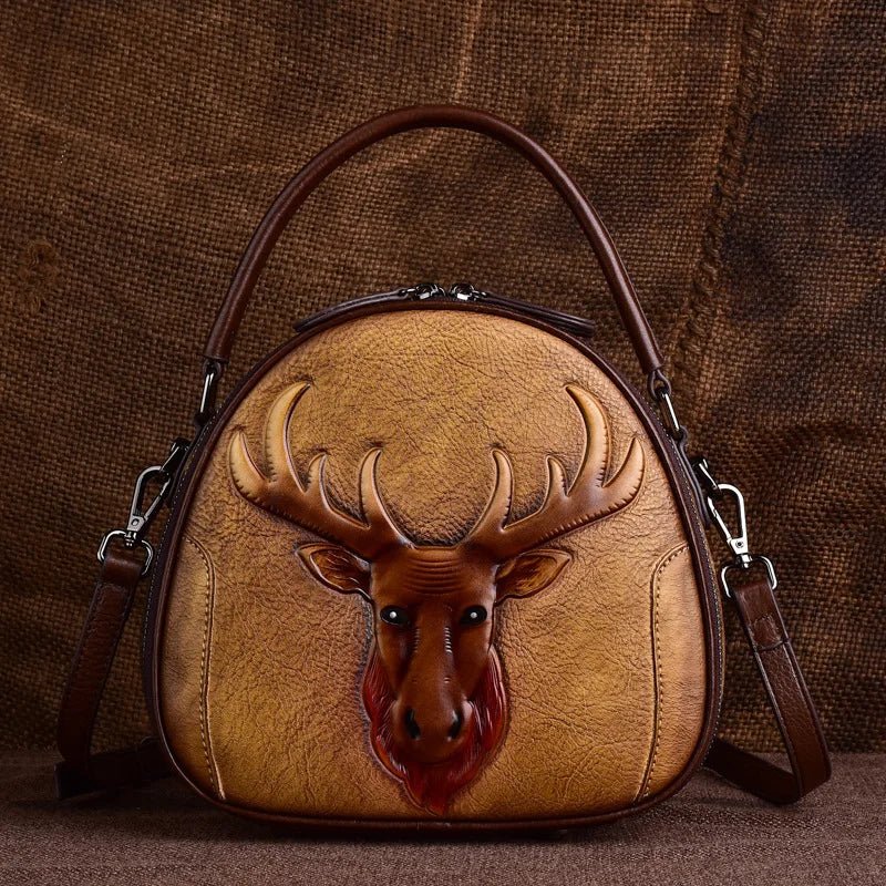 MOTAORA New Embossed Cowhide Shoulder Bag For Women Fashion Small Deer Head Crossbody Bags Chinese Style Genuine Leather Handbag