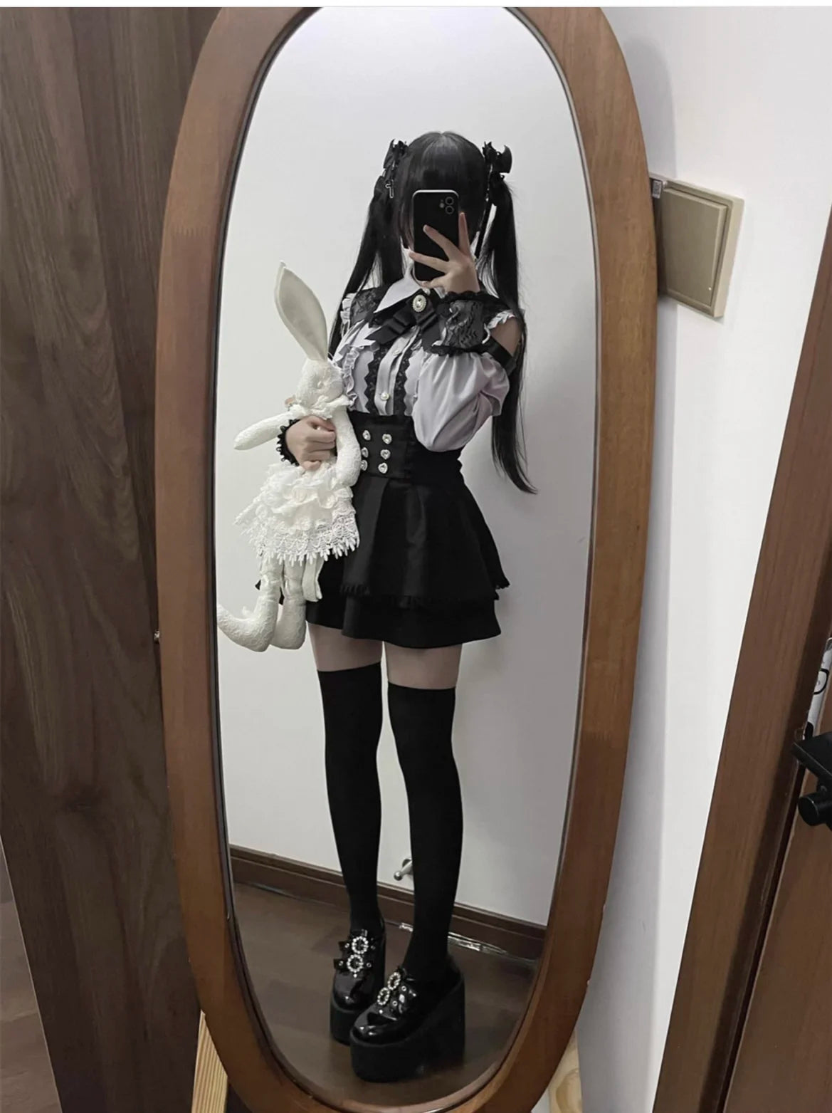 Kawaii Off Shoulder Long Sleeve Shirts Women Black Short Skirt Set Y2K Gothic Ruffle Skirts Lace Lolita Shirt Gown Suit 