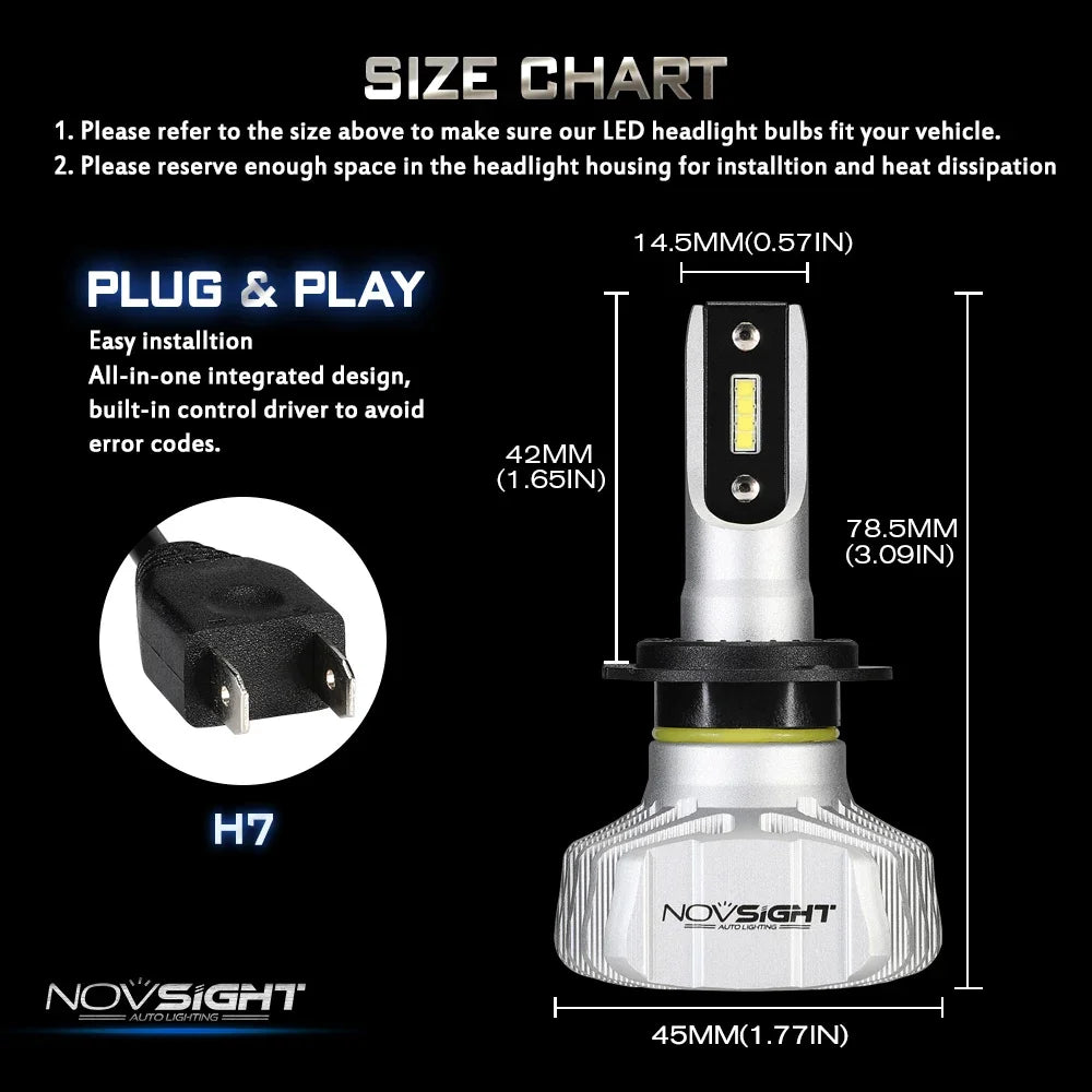 NOVSIGHT Car Headlight H4 Hi/Lo Beam LED H7 H1 H8 H9 H11 9005 9006 50W 10000lm 6500K Auto Headlamp Fog Light Bulbs