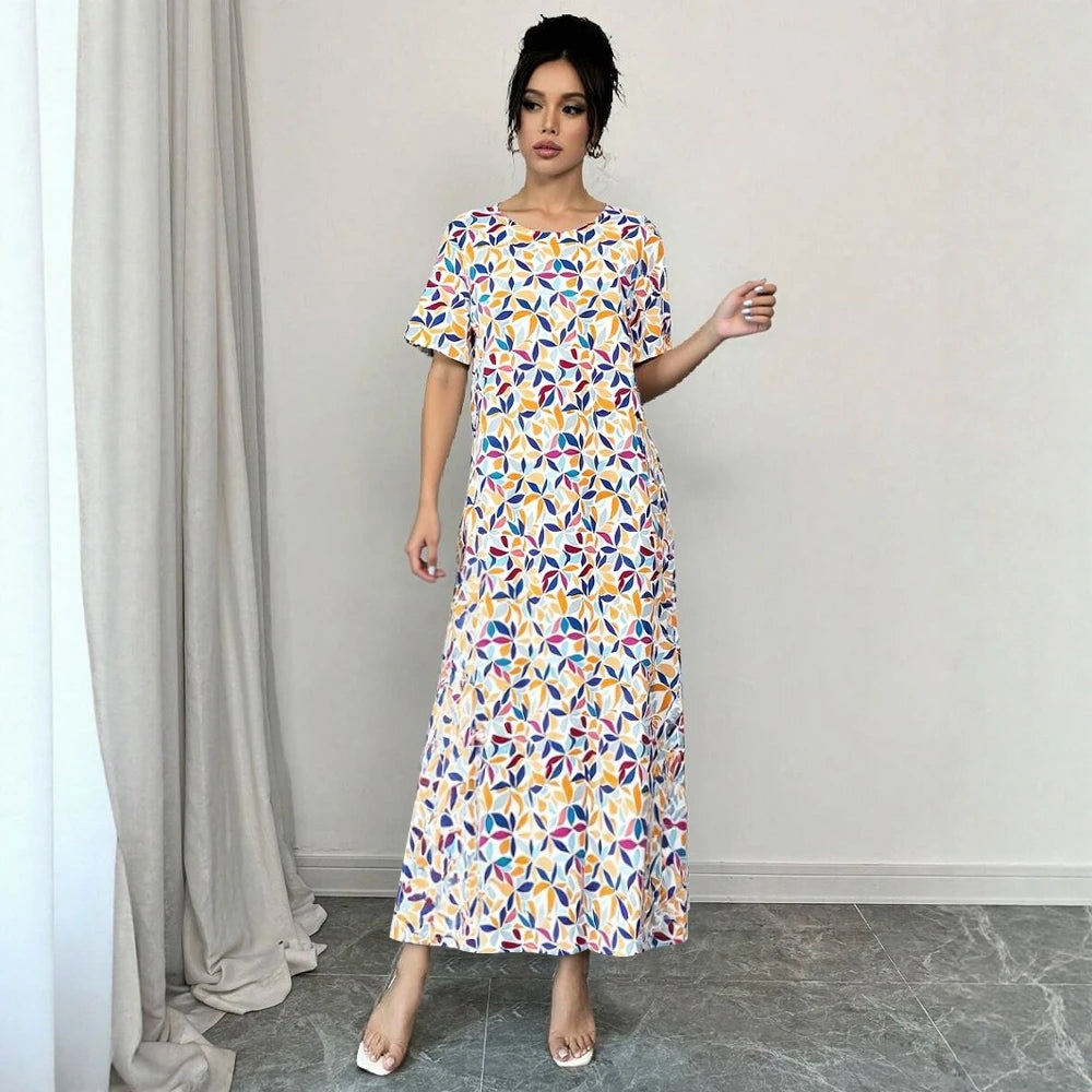Rafiah Women's Summer Arabian Dress Long Dress 2025 Casual Round-Neck Short Sleeve A-Line Maxi Full Color Printing Casual