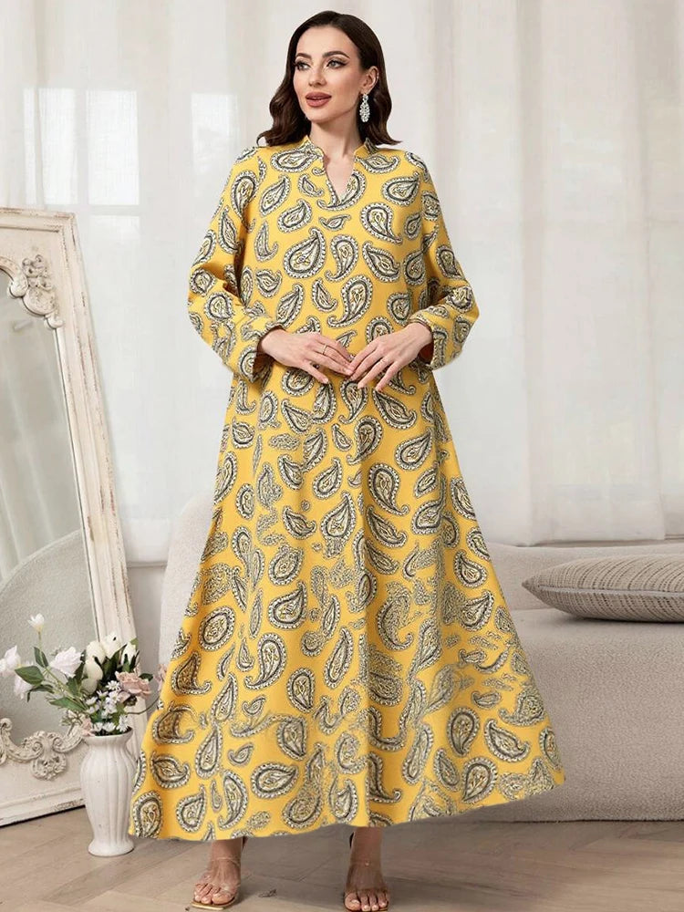 Rafiah Women's Arabian Dress Even Dress 2025 Summer Fashion Traditional Full Print Long Sleeve V-Neck Loose Fit Long Dress