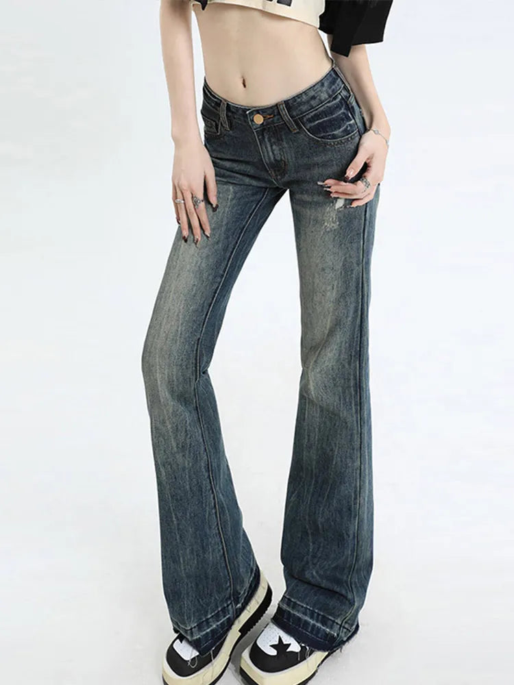 Vintage Women's Denim Low Rise Slightly Flared Jeans Pant Retro Pattern Printed Trendy Skin Fit Casual Daily Streetwear Trousers
