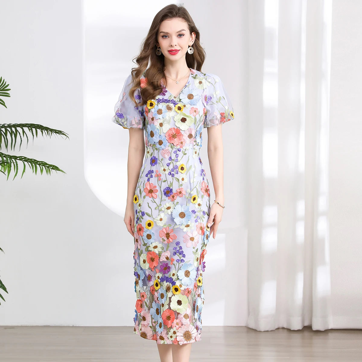 Summer High-end Embroidery Lace Prom Dress Women French Luxury 3D Flower Short Sleeve Long Dress Party Bodycon Holiday Vestido