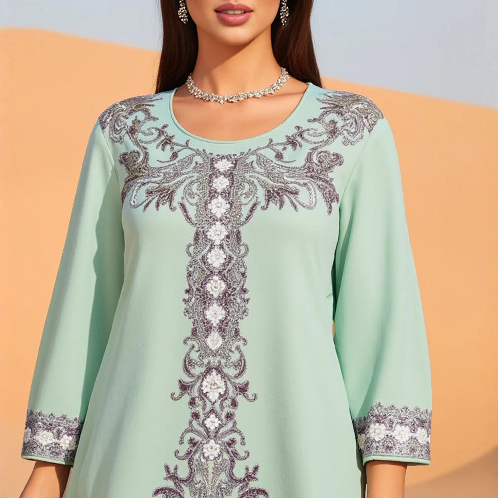 Rafiah Women's Summer 2025 Arabian Dress Embroidered Round Neck Long Sleeve Intricate Border Flared Silhouette Long Dress