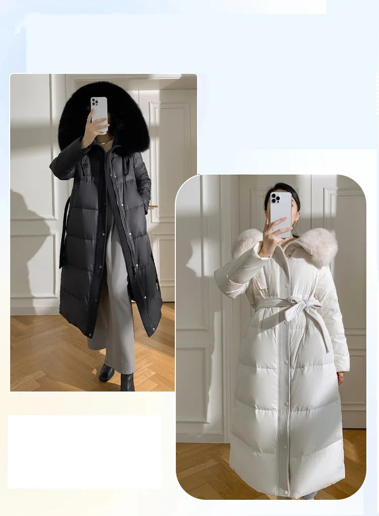 Women’s Luxury White Goose Down Coat – Hooded Long Jacket with Fox Fur Collar & Belt