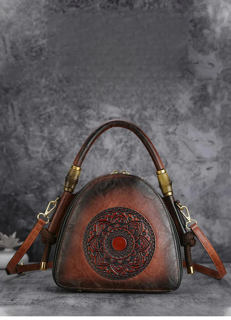 MOTAORA Bamboo Top Handle Embossed Leather Shoulder Bag, Vintage Bohemian Crossbody Purse for Women Handmade Large Capacity Tote
