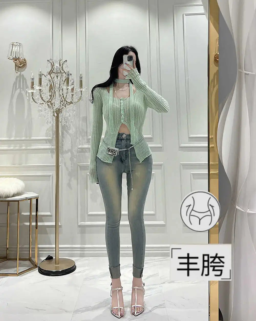 Slimming Skinny Jeans with Hip Padding Retro Nine-Piece Vintage Wear Resistant Cotton Stretch Denim Zipper Closure l Waist