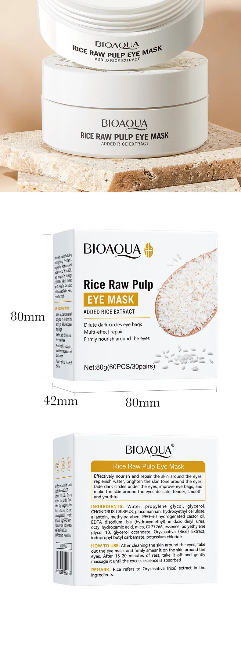 60pcs BIOAQUA White Rice Collagen Eye Mask Anti Dark Circles Eyes Bags Remover Firming Moisturizing Eye Patches Skin Care