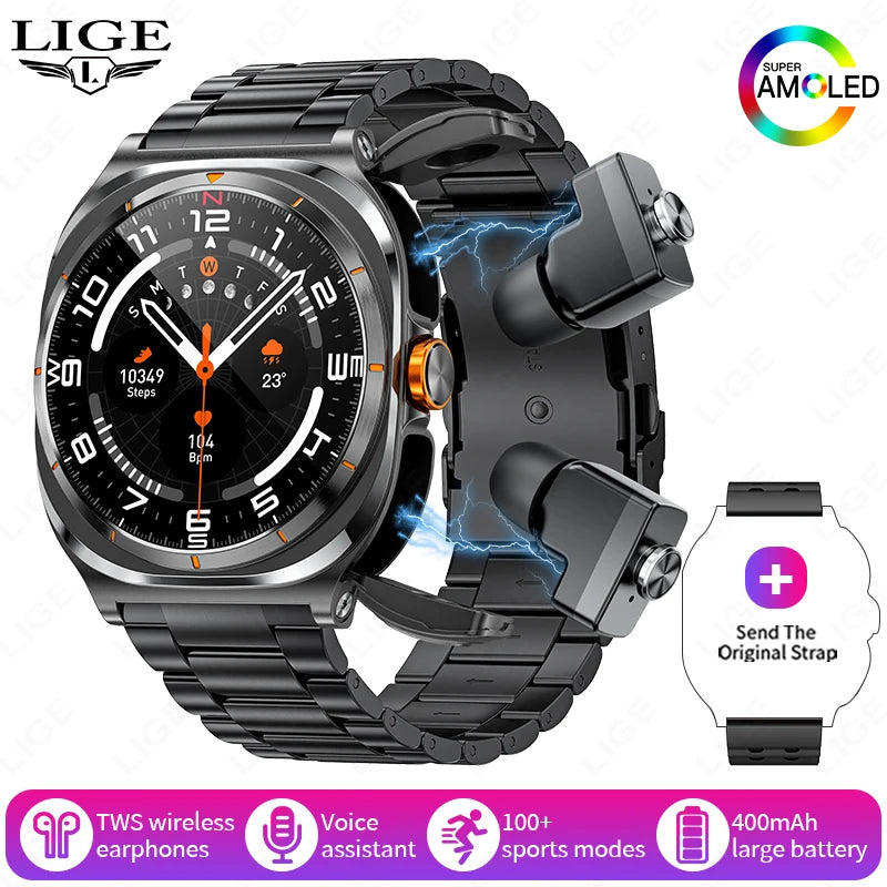 LIGE New Smart Watch With 2 in 1 TWS Wireless Headset Bluetooth Call 1.53" AMOLED Screen 400mAh IP67 Waterproof Sport Smartwatch